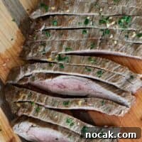 Zesty Flank Steak Marinade for Tender, Flavorful Grilled Steak 2 overhead view of sliced flank steak
