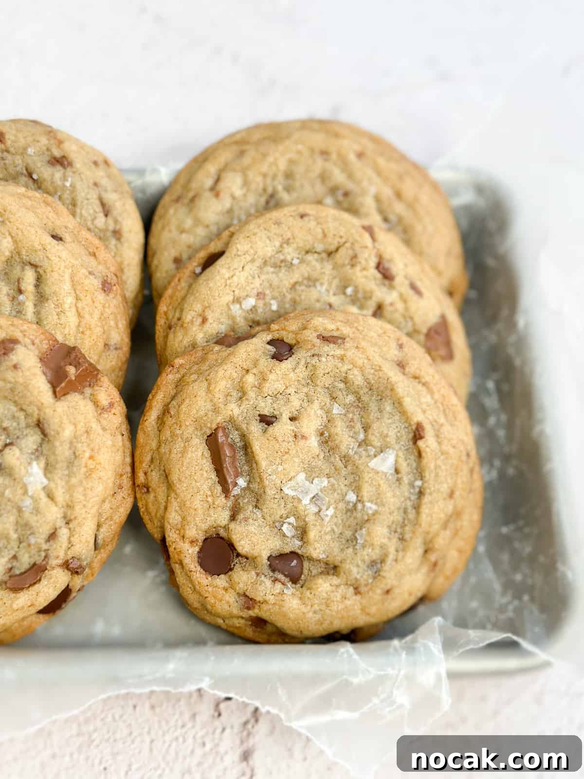 a close up of a small batch brown butter chocolate chip cookie standing up.