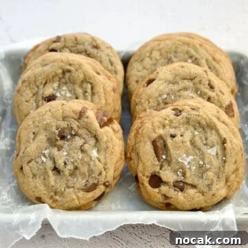 6 small batch brown butter chocolate chip cookies stacked together.