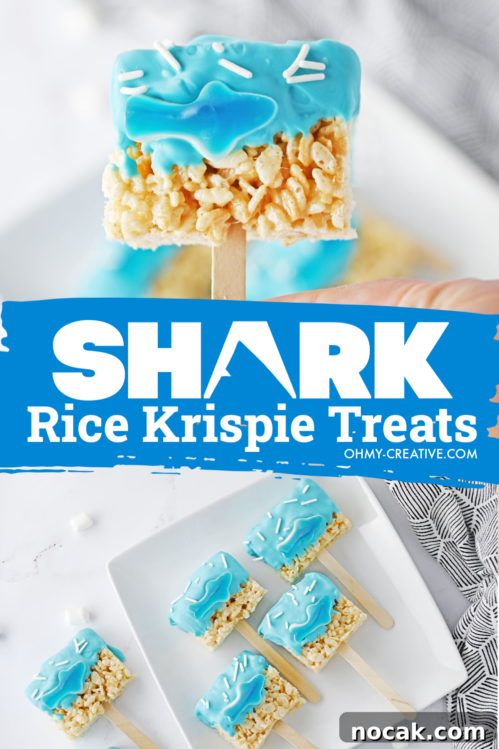 Shark-Themed Rice Krispie Treats: Fun Party Dessert Recipe 8 Pinterest image of shark Rice Krispie treat pops on a white plate.