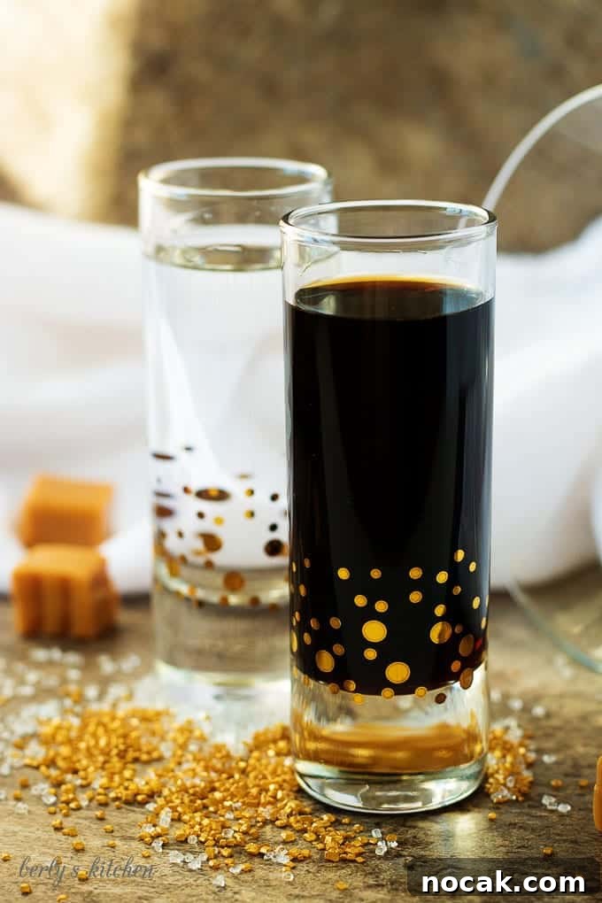 Salted Caramel Coffee Martini Recipe & How to Make It at Home 4 Coffee liqueur and gin in shot glasses with gold and white decorating sugar.