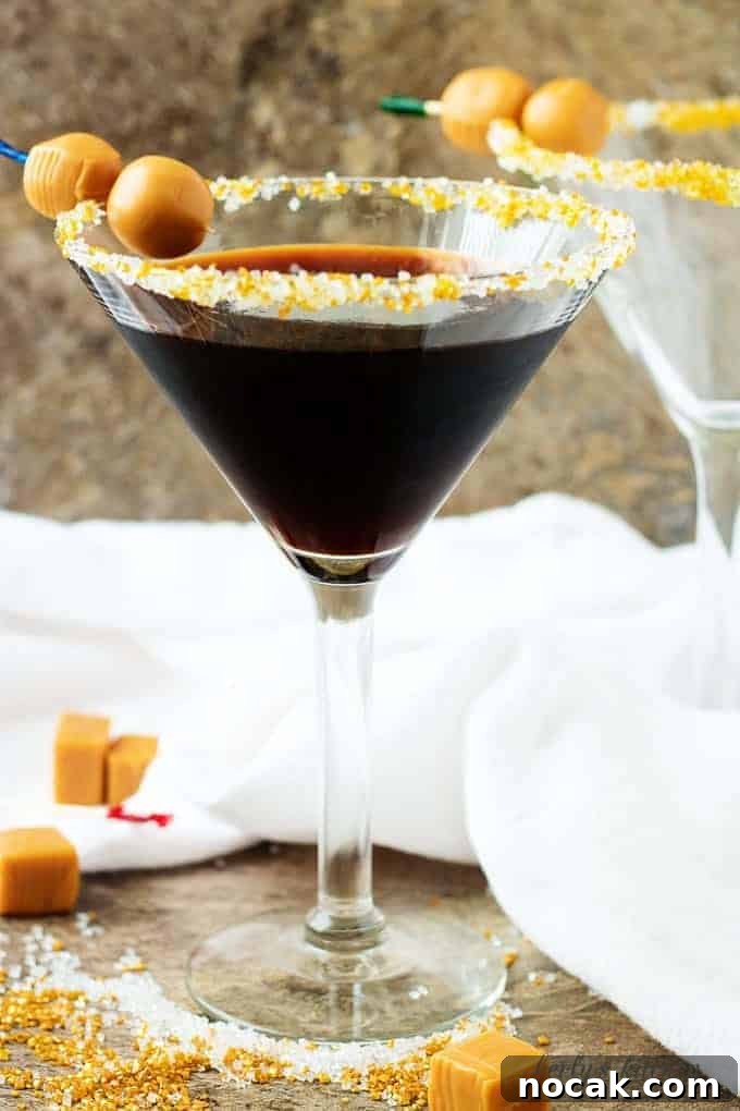 Salted Caramel Coffee Martini Recipe & How to Make It at Home 5 Salted Caramel Coffee Martini in sugar rimmed glass.