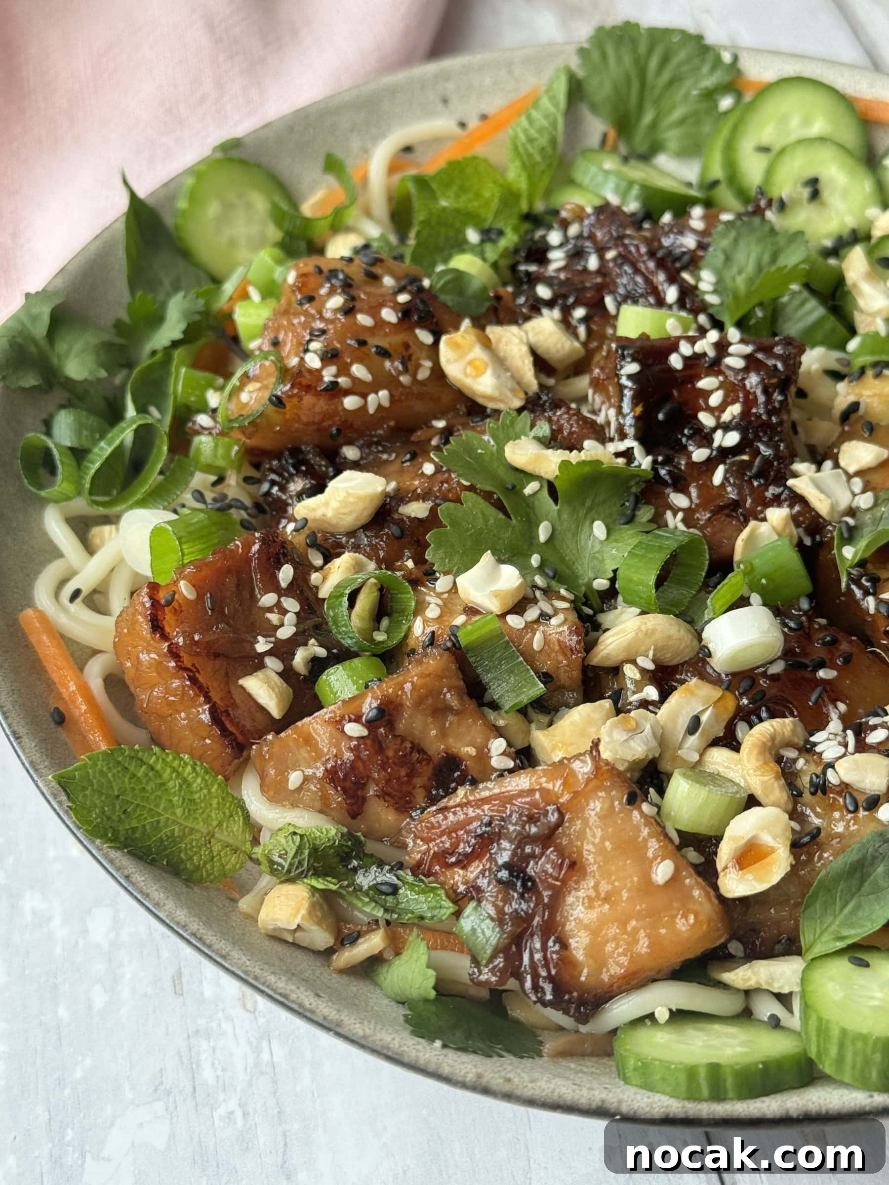 pork belly noodles in a white bowl decorated with herbs and cucumber
