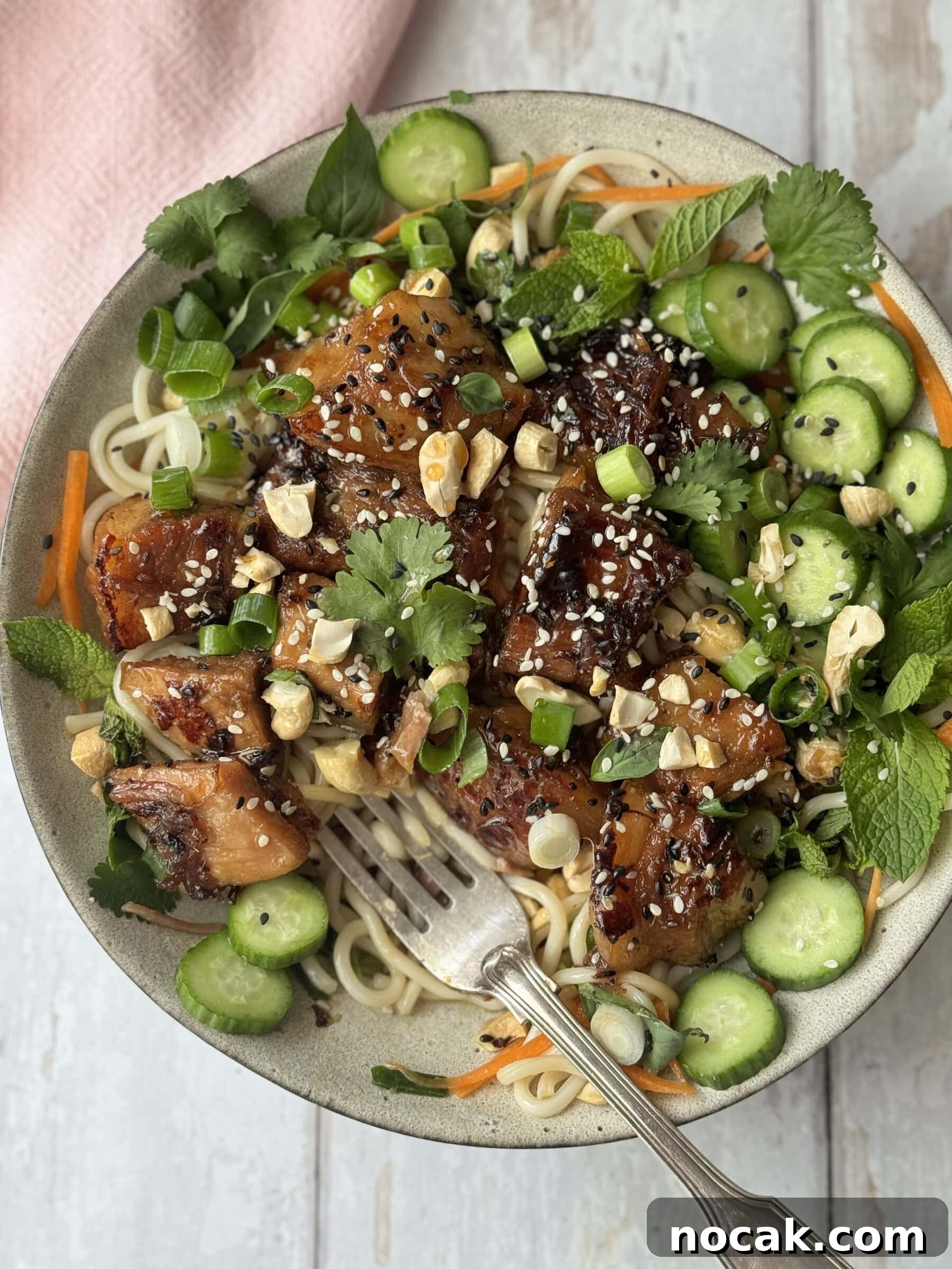 pork belly noodles in a white bowl decorated with herbs and cucumber