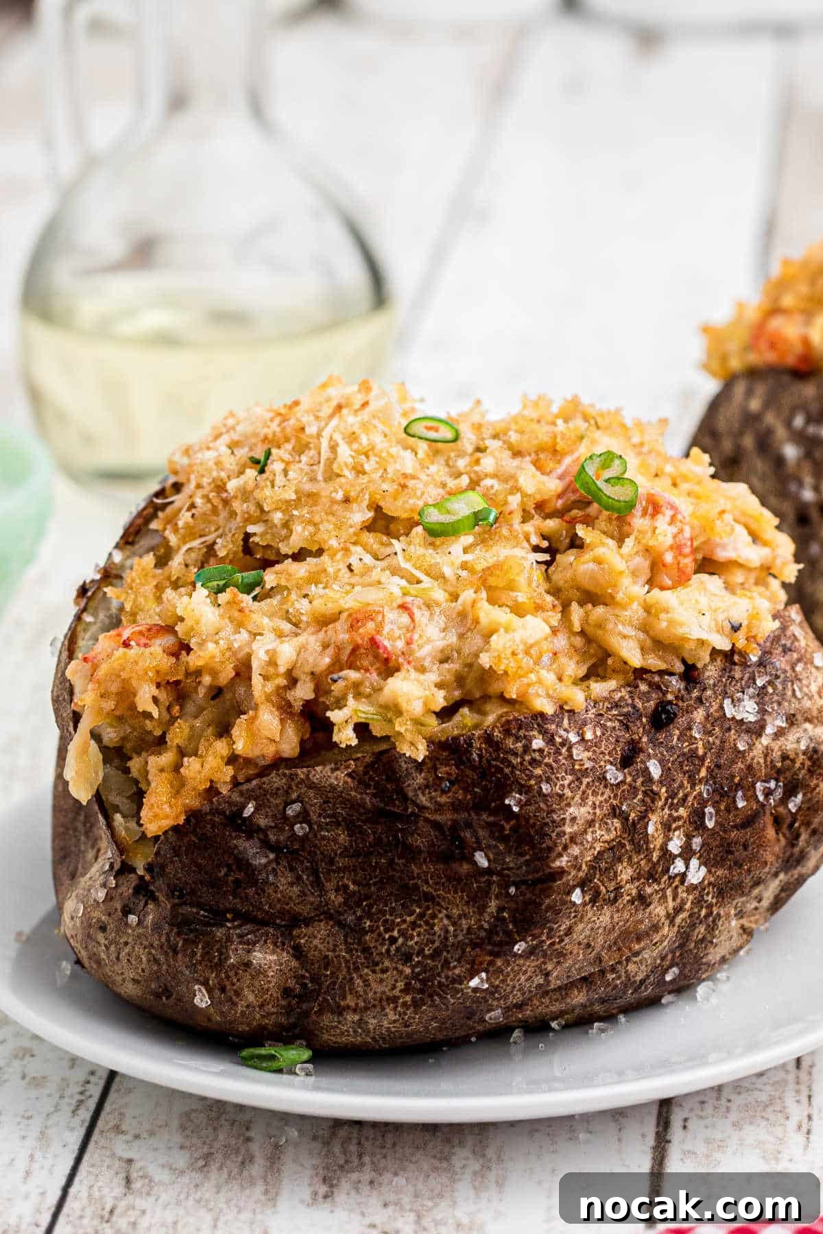 Crawfish-Stuffed Baked Potato Recipe 2 Close up shot of a crawfish baked potato.