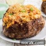 Crawfish-Stuffed Baked Potato Recipe 9 Close up of a crawfish baked potato cropped square.