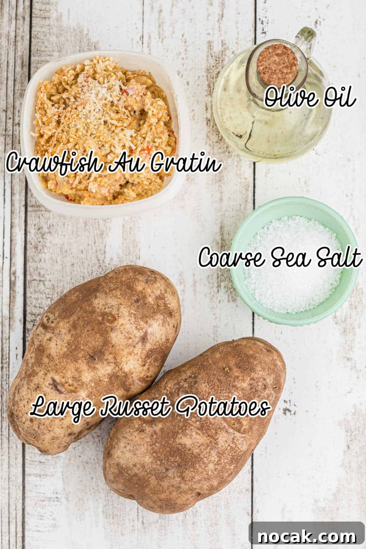 Crawfish-Stuffed Baked Potato Recipe 3 Ingredients laid out with text overlay showing what is needed for a crawfish baked potato.
