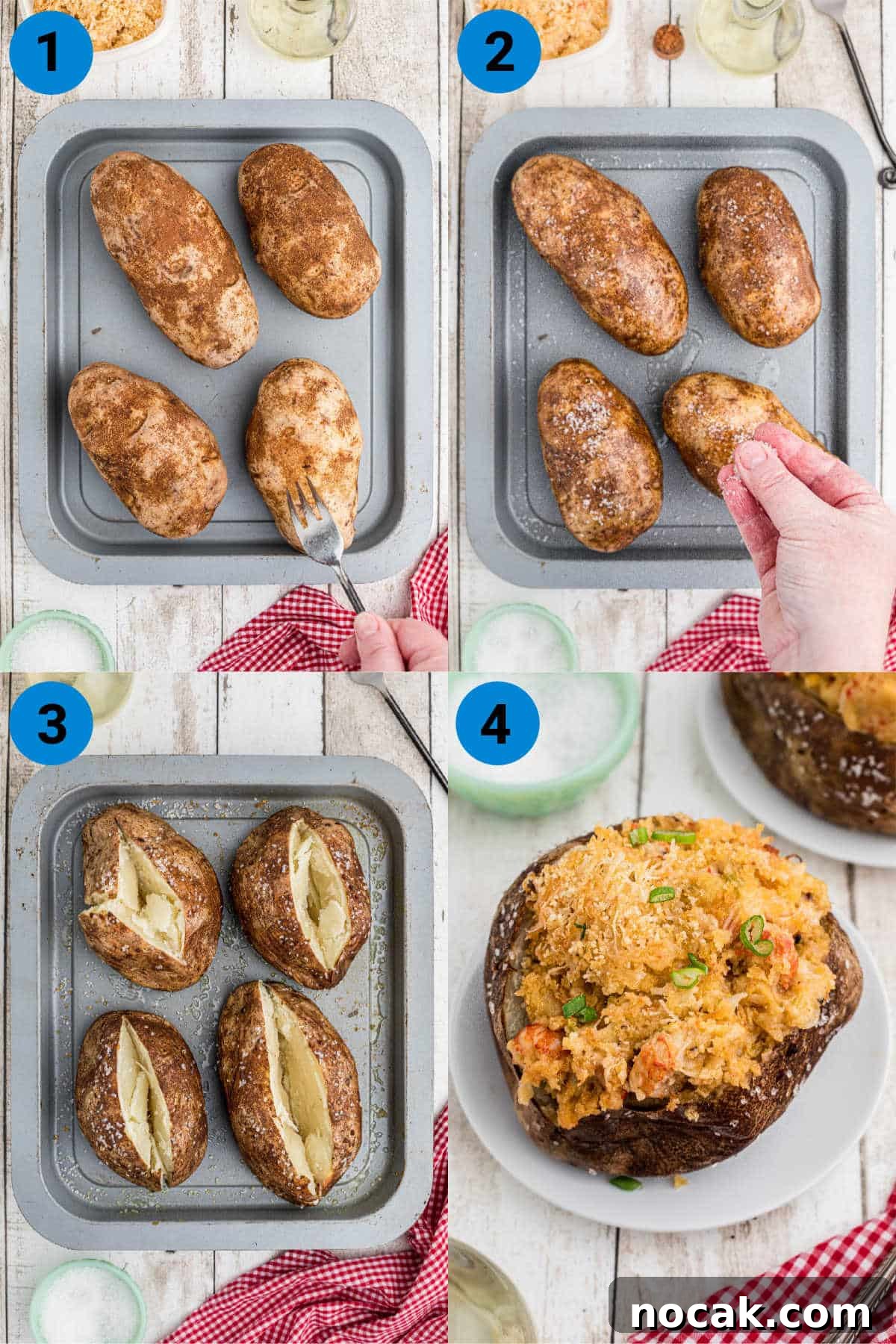 Crawfish-Stuffed Baked Potato Recipe 4 Collage of four images showing recipes steps for how to make a crawfish baked potato.