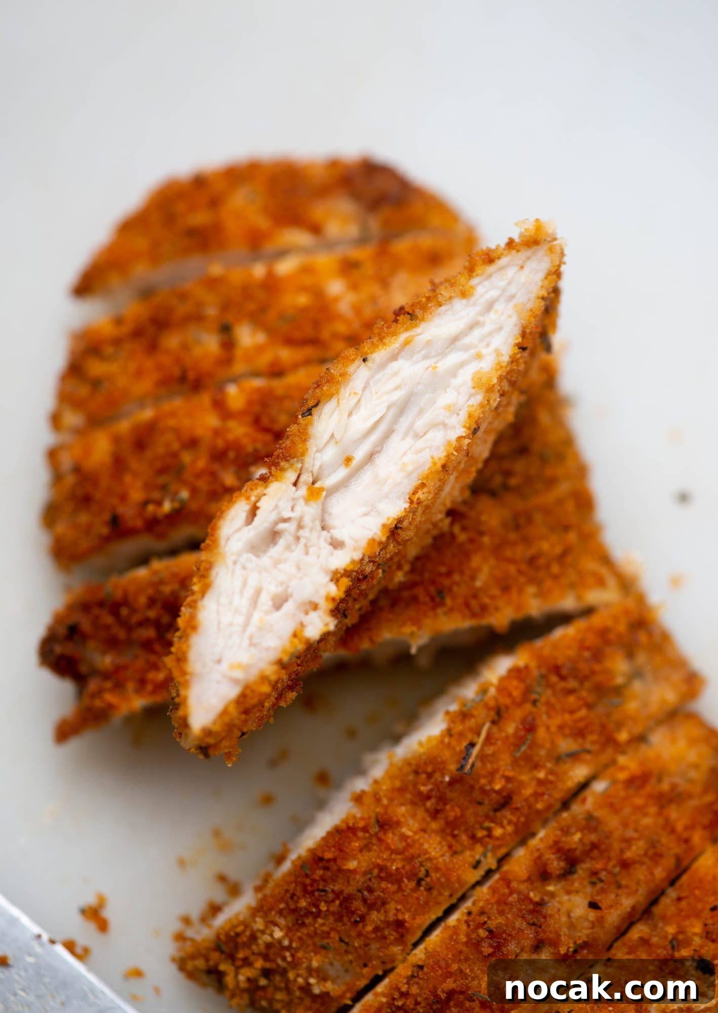 Crispy Air Fryer Chicken Breast 3 Slice of Air fried chicken breast shows crispy crust on outside and juicy chicken inside.