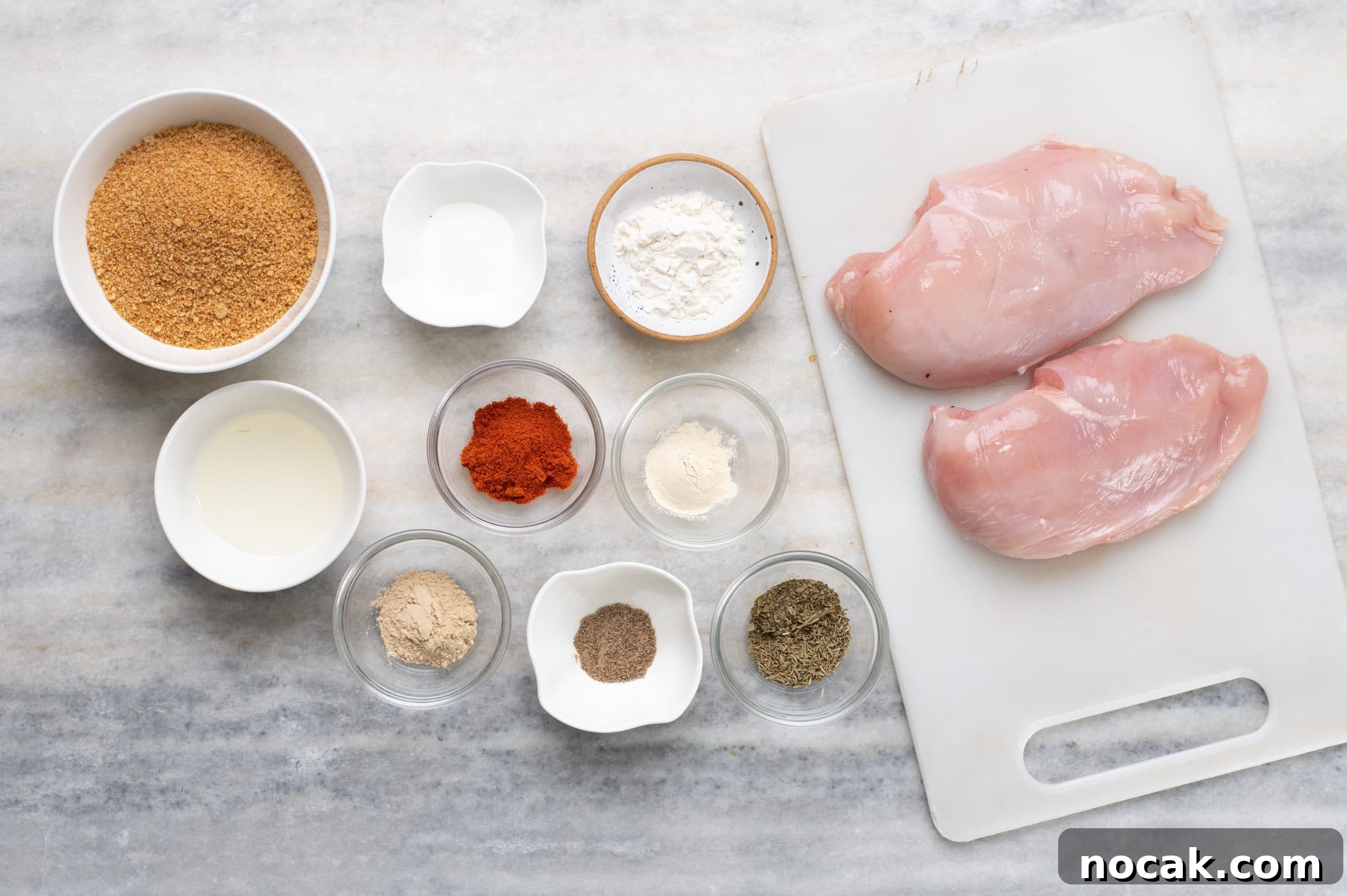 Crispy Air Fryer Chicken Breast 4 Breadcrumbs and seasonings ready for breading.