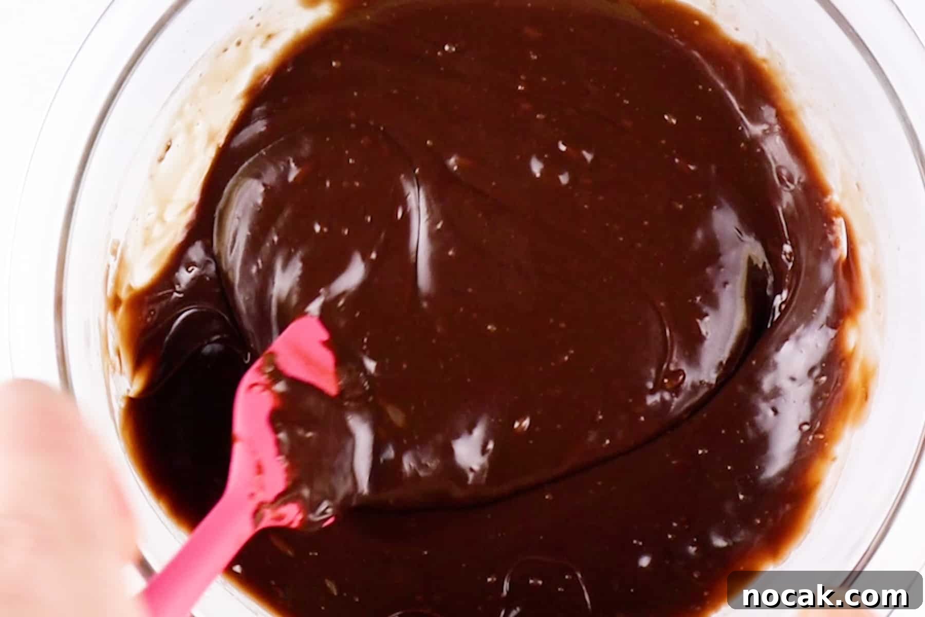 Chocolate Strawberry Layer Cake with Luscious Ganache 9 smooth ganache in glass bowl.
