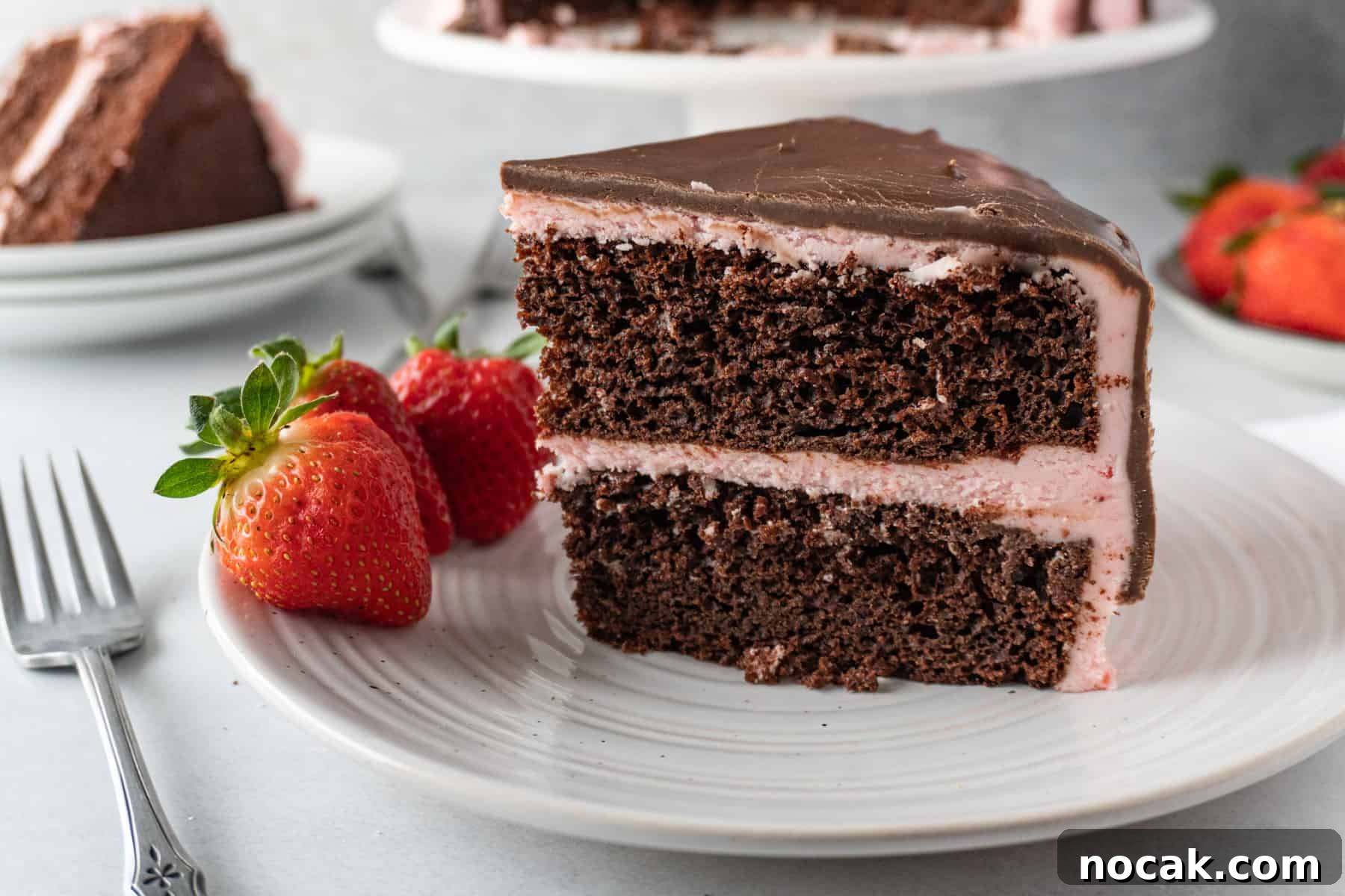 Chocolate Strawberry Layer Cake with Luscious Ganache 10 slice of chocolate strawberry cake on plate with fresh strawberries on side of plate.
