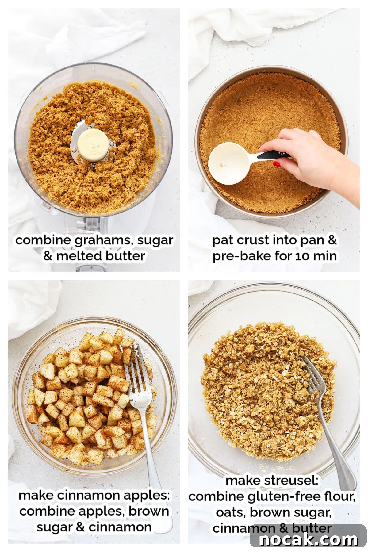 Gluten-Free Caramel Apple Cheesecake Recipe 4 making gluten-free graham cracker crust, cinnamon apples, and brown sugar streusel for caramel apple cheesecake