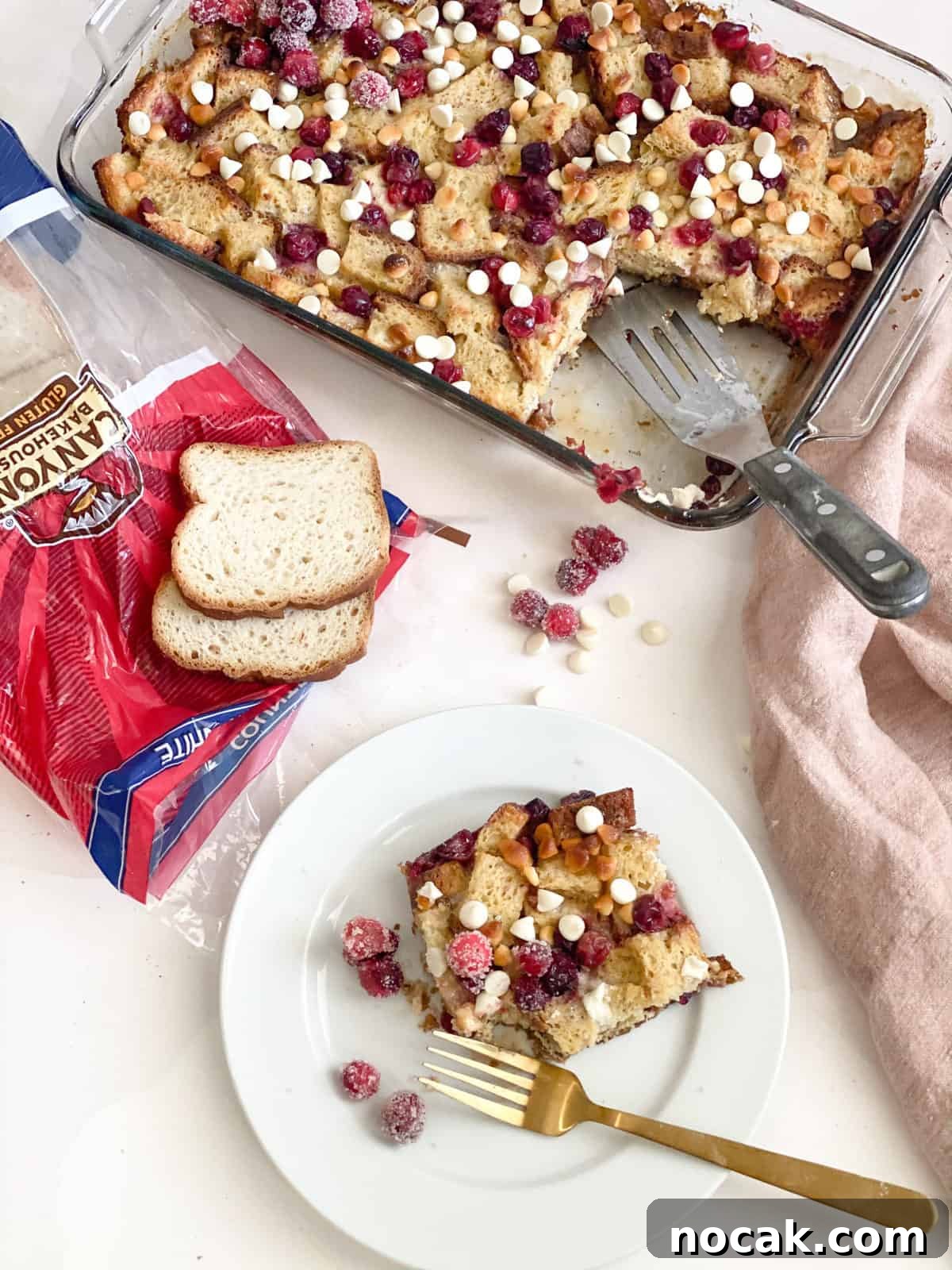 Gluten-Free French Toast Casserole with Cranberries & White Chocolate gluten-free French toast casserole overhead shot