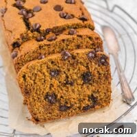 Sliced pumpkin chocolate chip bread.