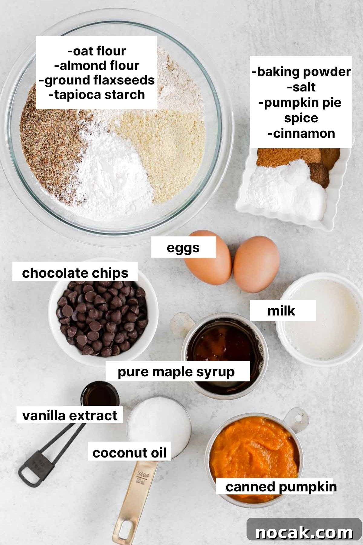 Labeled ingredients needed for gluten-free pumpkin chocolate chip bread.