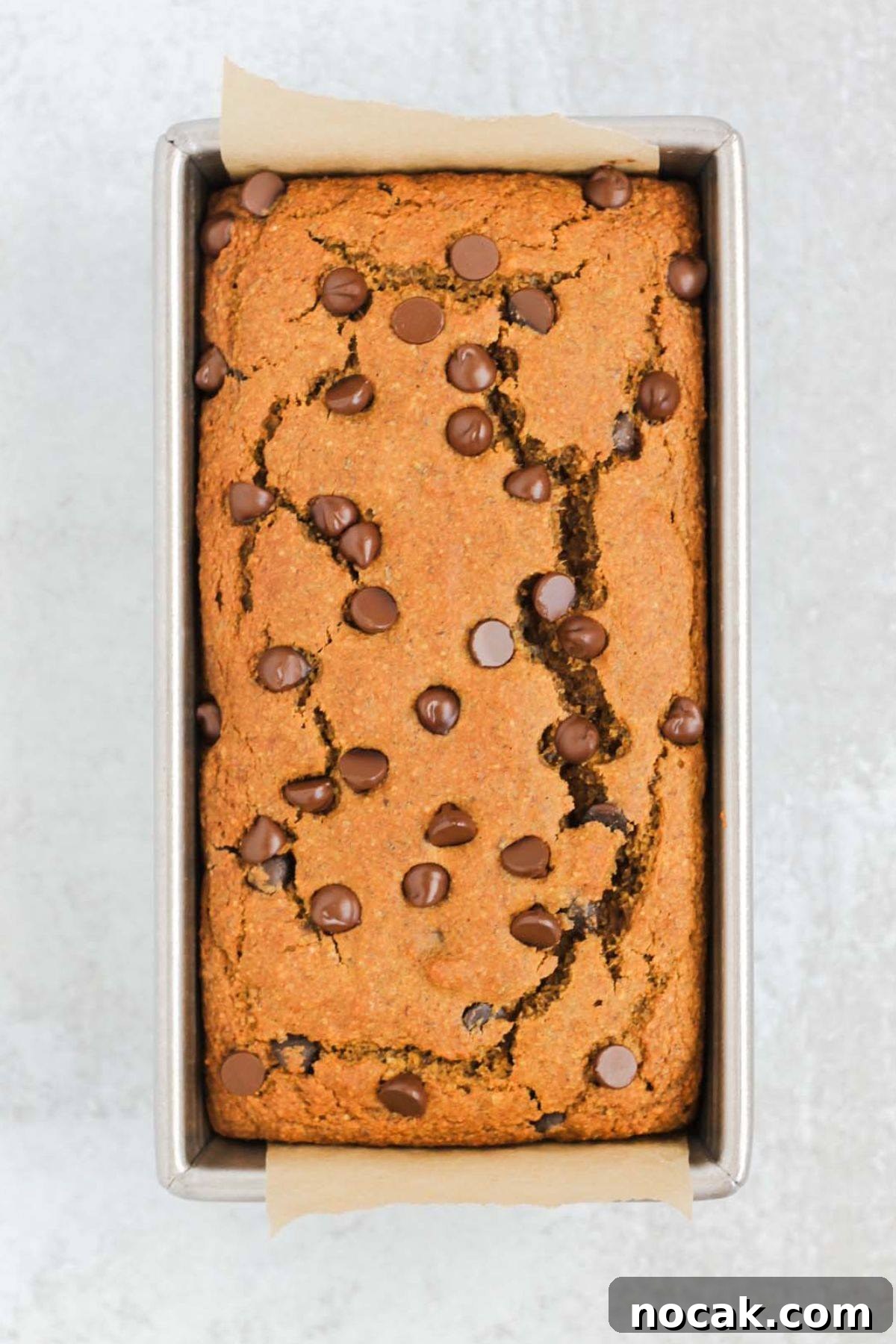 Loaf pan with baked gluten-free pumpkin chocolate chip bread.