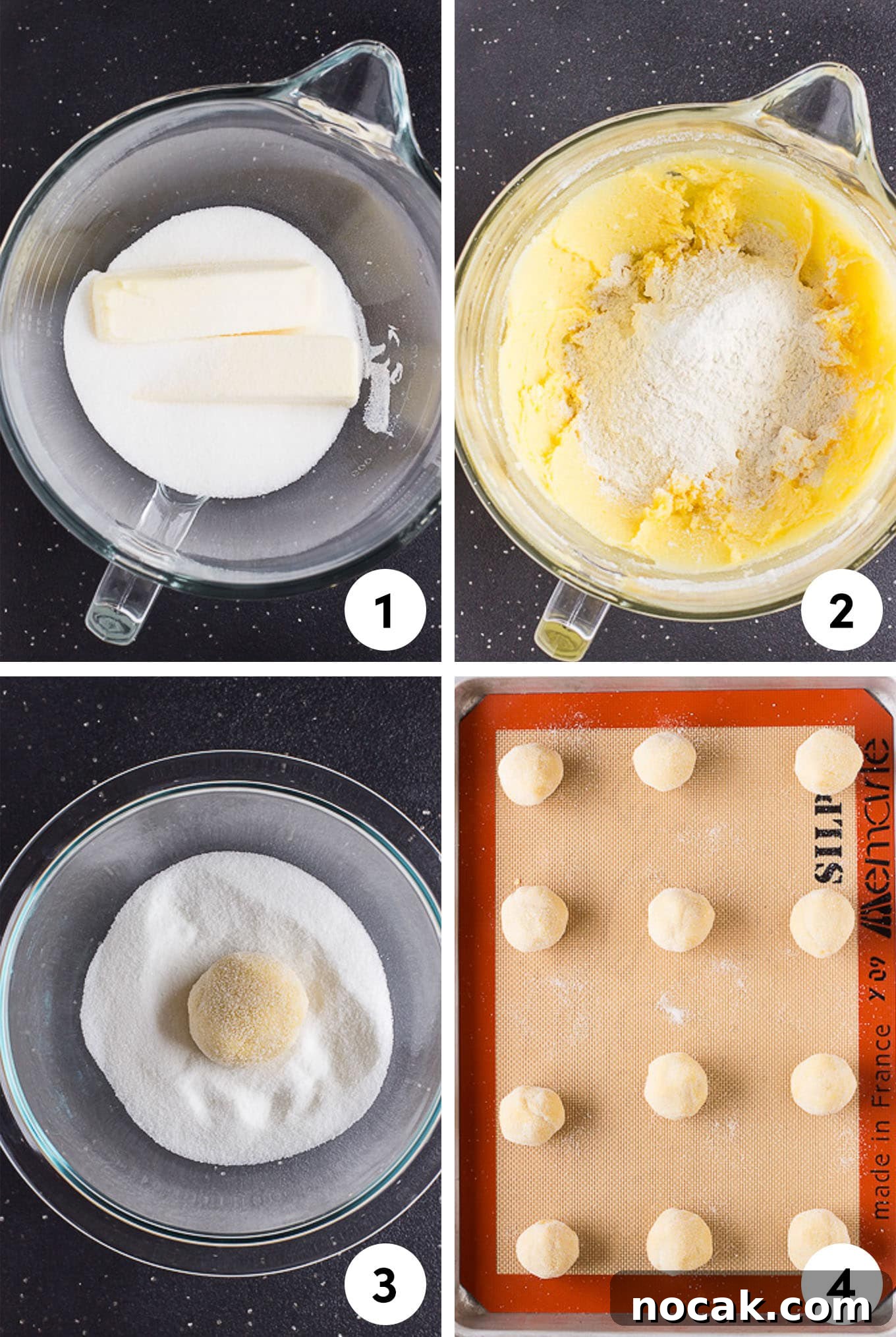 Classic Soft Sugar Cookies Recipe 4 A collage of images showing mixing the butter and sugar then adding the rest of the ingredients before rolling into balls, dipping in sugar and putting the baking pan.