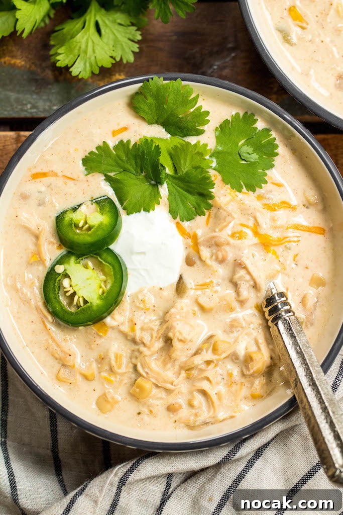 White chicken chili with toppings Bowl of white chicken chili topped with garnishes