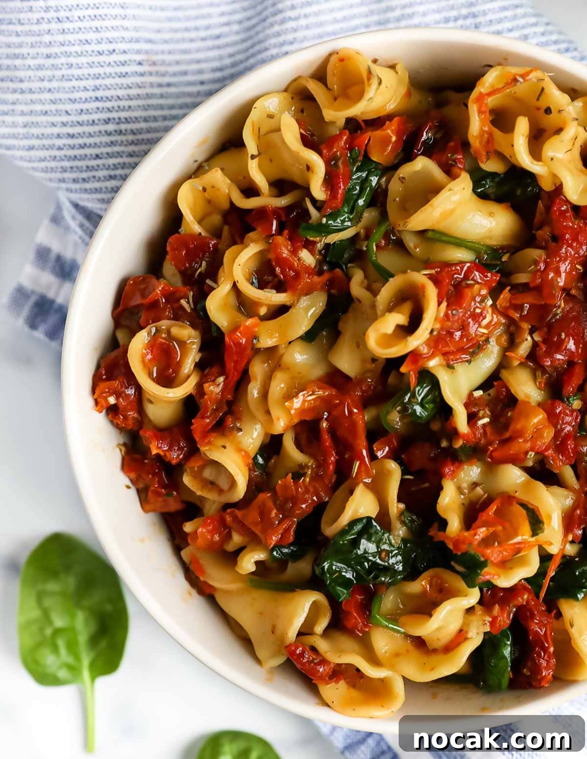 Creamy Tuscan Garlic Pasta with Sun Dried Tomatoes 6 A creamy sun-dried tomato sauce with spinach over pasta inside a bowl.