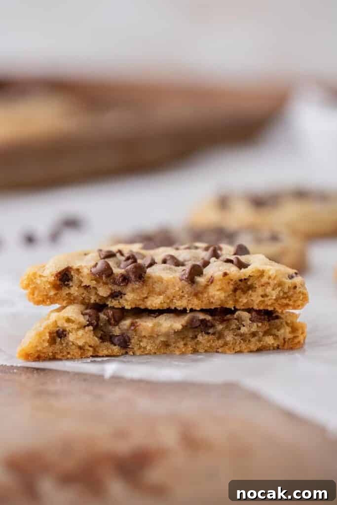 Bakery-Style Soft and Chewy Chocolate Chip Sugar Cookies 10 Inside texture of a soft chocolate chip sugar cookie split in half