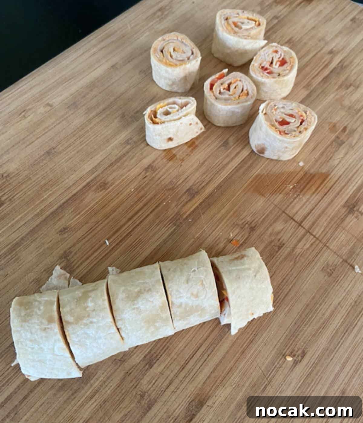 Turkey rolls ups sliced into pinwheels.