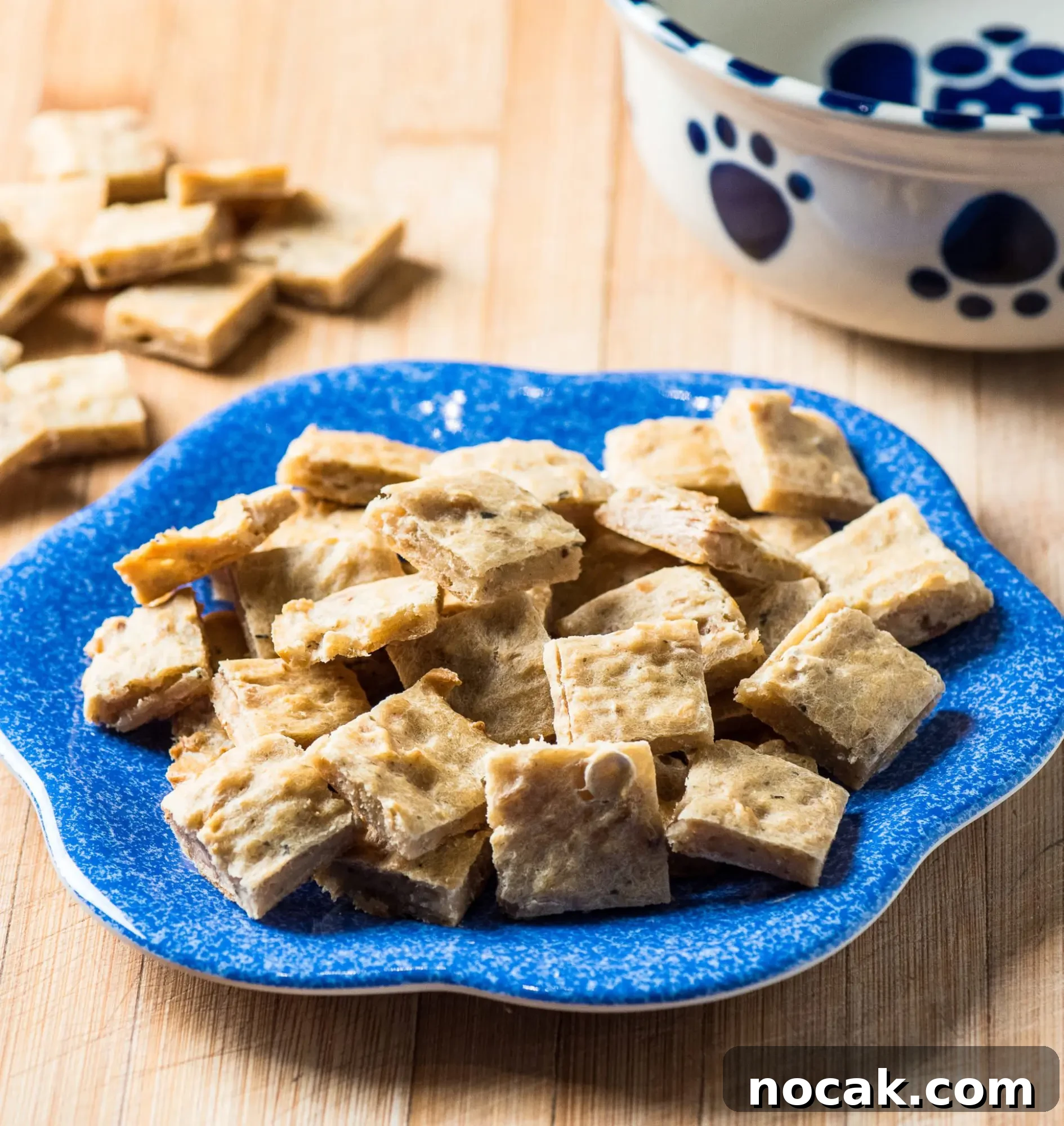 Homemade Salmon & Tuna Dog Treats Your Dog Will Love 2 Plated fishy dog treats with bowl in back